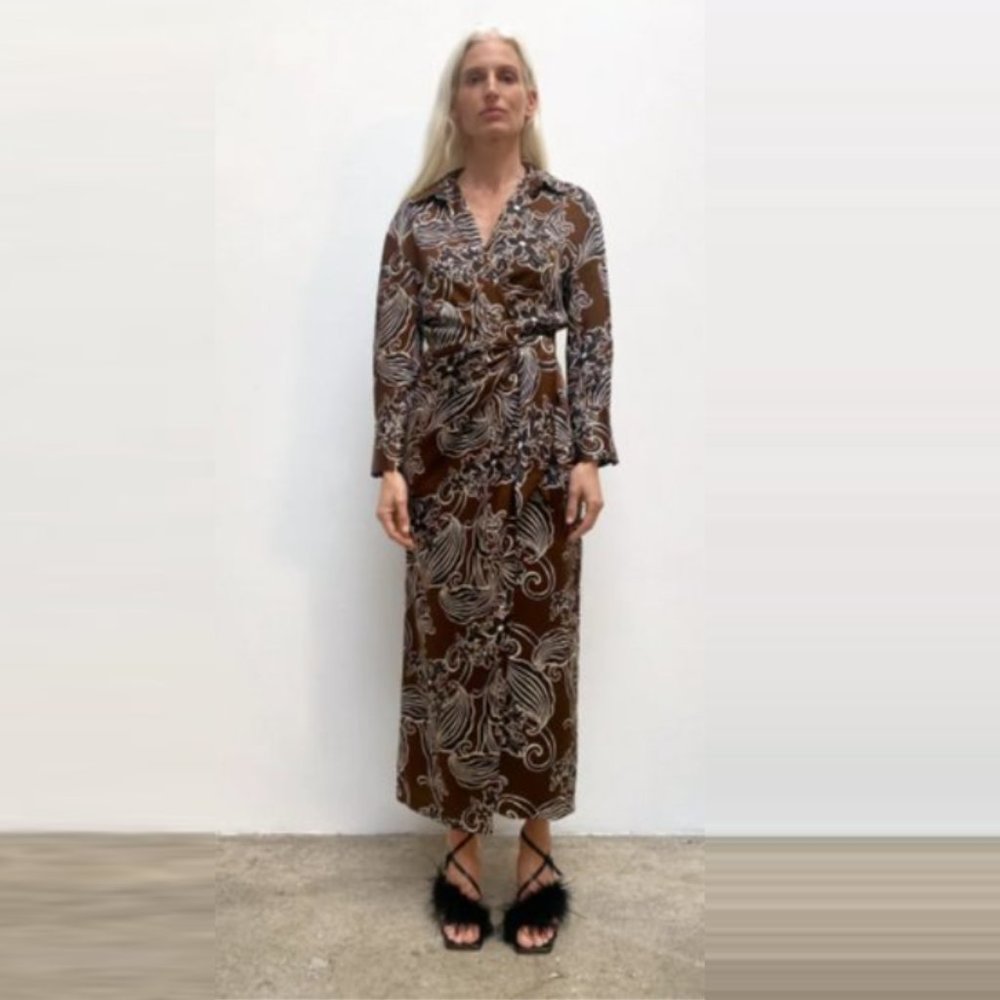 Zara brown printed wrap dress